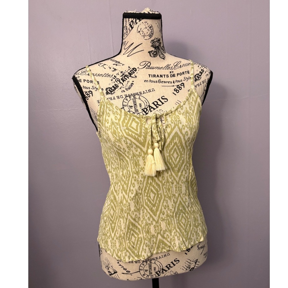 Bila 77 Green Ikat Diamond Print Tassel Tie Front Camisole Tank Top XS summer